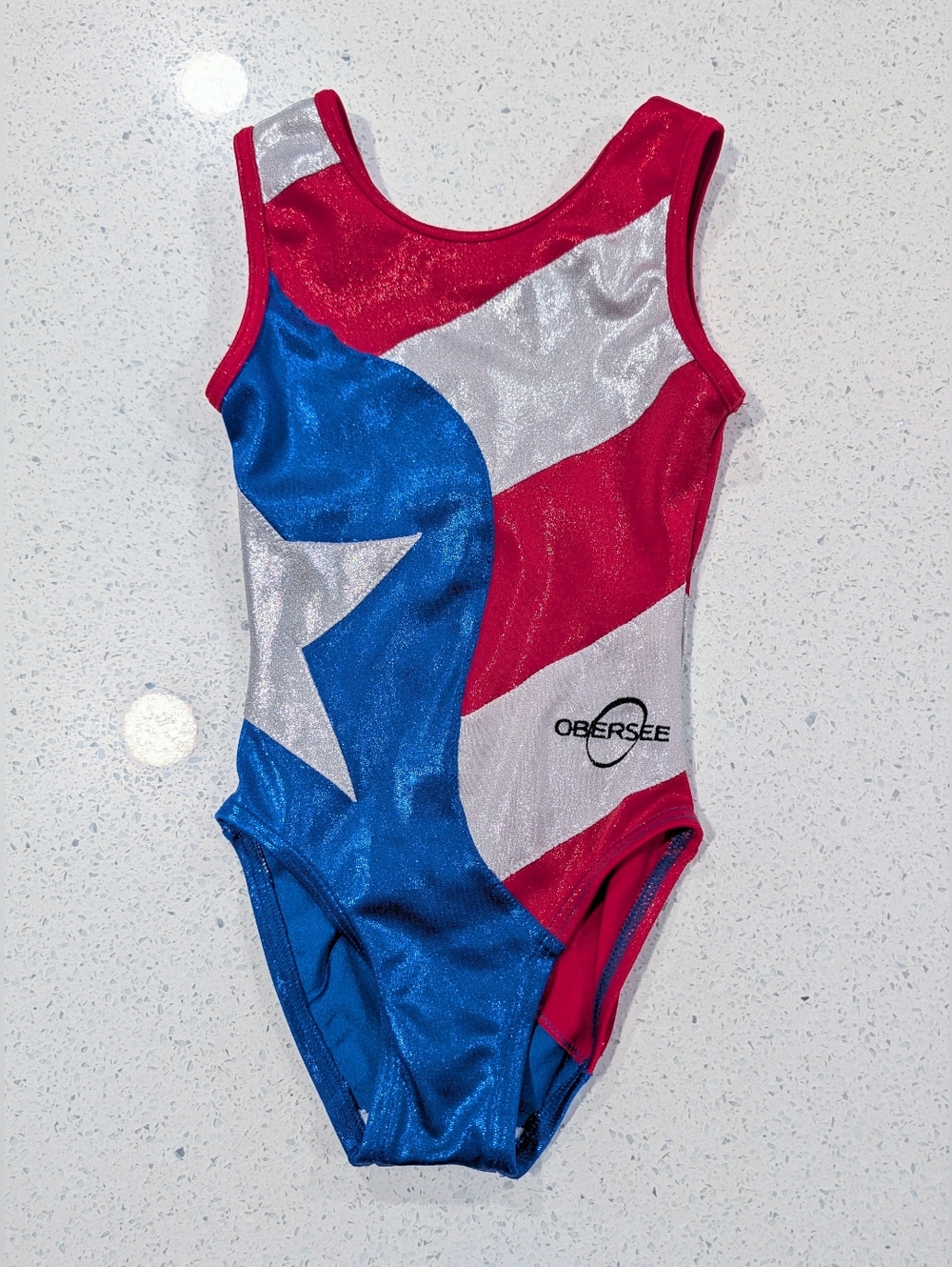 PATRIOTIC Obersee Extra Small Red Blue Silver Gymnastics Dance Leotard USA FLAG